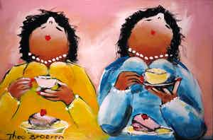 Theo Broeren - Acryl op doek, Theetijd - Ingelijst (Groot) verkocht voor € 1!