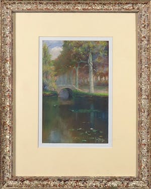 Jan Bleijs - Pastelkrijt, Landschap met vijver en brug - Ingelijst kopen? Bied vanaf 10!