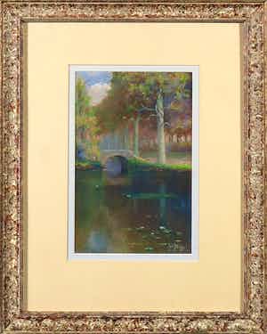 Jan Bleijs - Pastelkrijt, Landschap met vijver en brug - Ingelijst verkocht voor € 10!