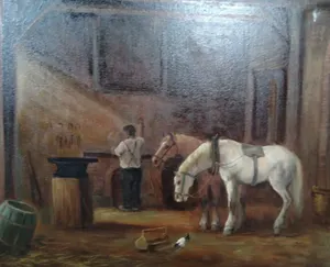 Niet of onleesbaar gesigneerd - gesigneerd - PAARDEN IN DE SMEDERIJ kopen? Bied vanaf 1!