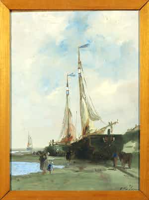 Adriaan Terhell - Gouache, Botters op het strand verkocht voor € 35!