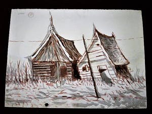 Aat Veldhoen - Groot, omstreeks 1960 geschilderde figuratieve Gouache "Landschap met huizen" kopen? Bied vanaf 25!