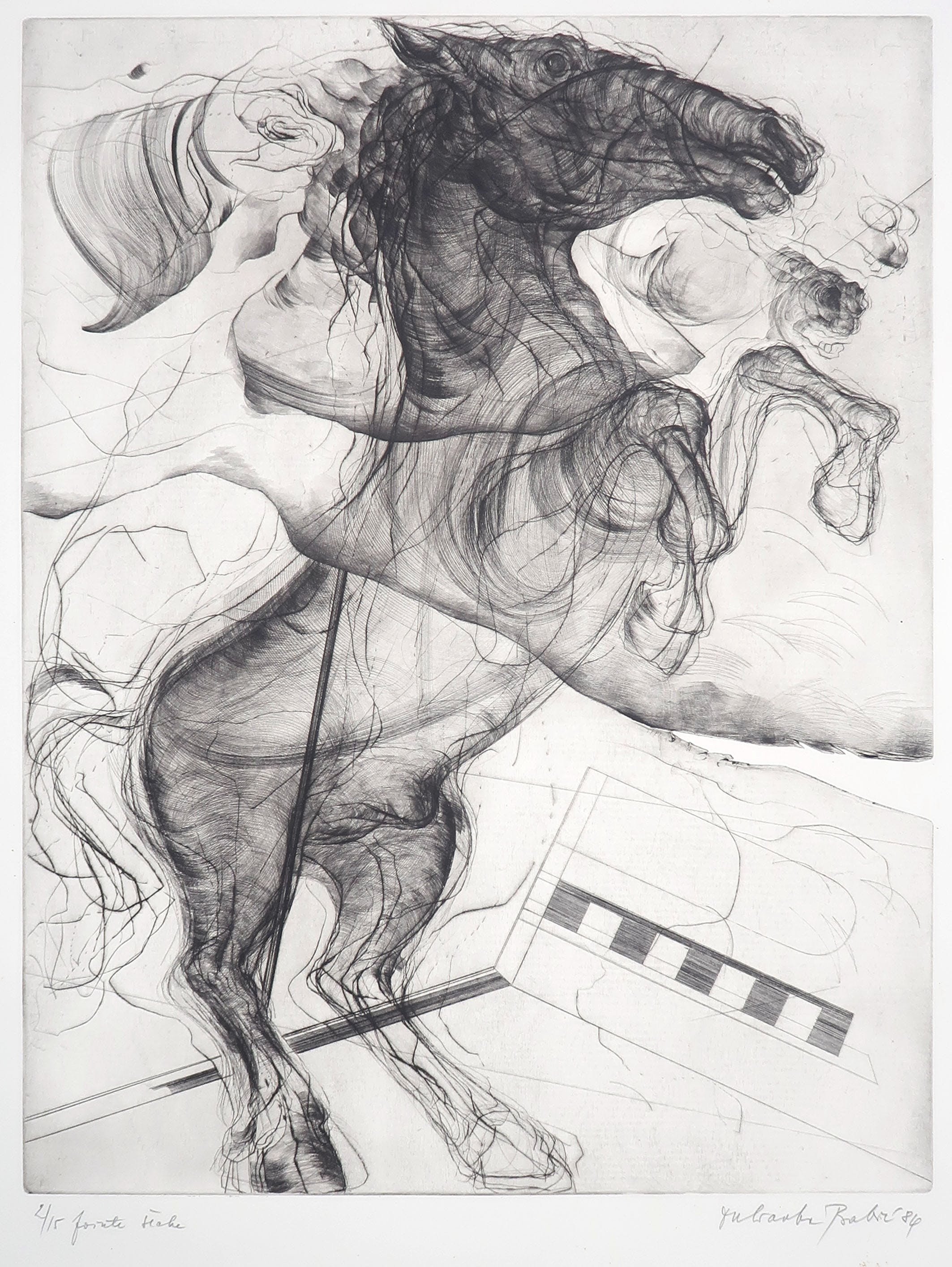 Niet of onleesbaar gesigneerd - Ets, Steigerend paard verkocht voor € 1!