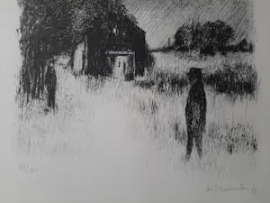 Metten Koornstra - Litho, Zonderlinge figuren op landweg. kopen? Bied vanaf 35!