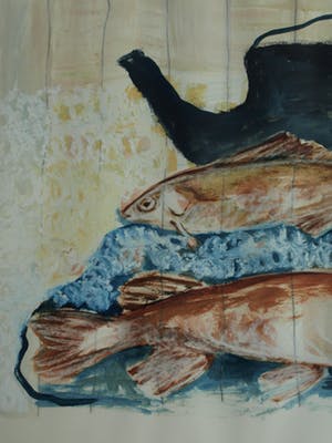 Nicola Rozemeijer - Acrylverf op papier , Vissen op ijs – GROOT - ingelijst - 1997 kopen? Bied vanaf 1!