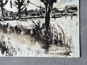 Toon Koster - Sfeervol impressionistisch Aquarel en Sepia "winterlandschap" gesigneerd kopen? Bied vanaf 43!