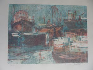 Jan Velthuis - Kleurenhoutsnede – Havengezicht - Ingelijst - 66 x 51 cm kopen? Bied vanaf 35!