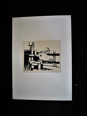 Hans Bernard - protege Klaas Drupsteen- gesigneerde Linosnede "Haven scheepswerf" 1963 kopen? Bied vanaf 10!