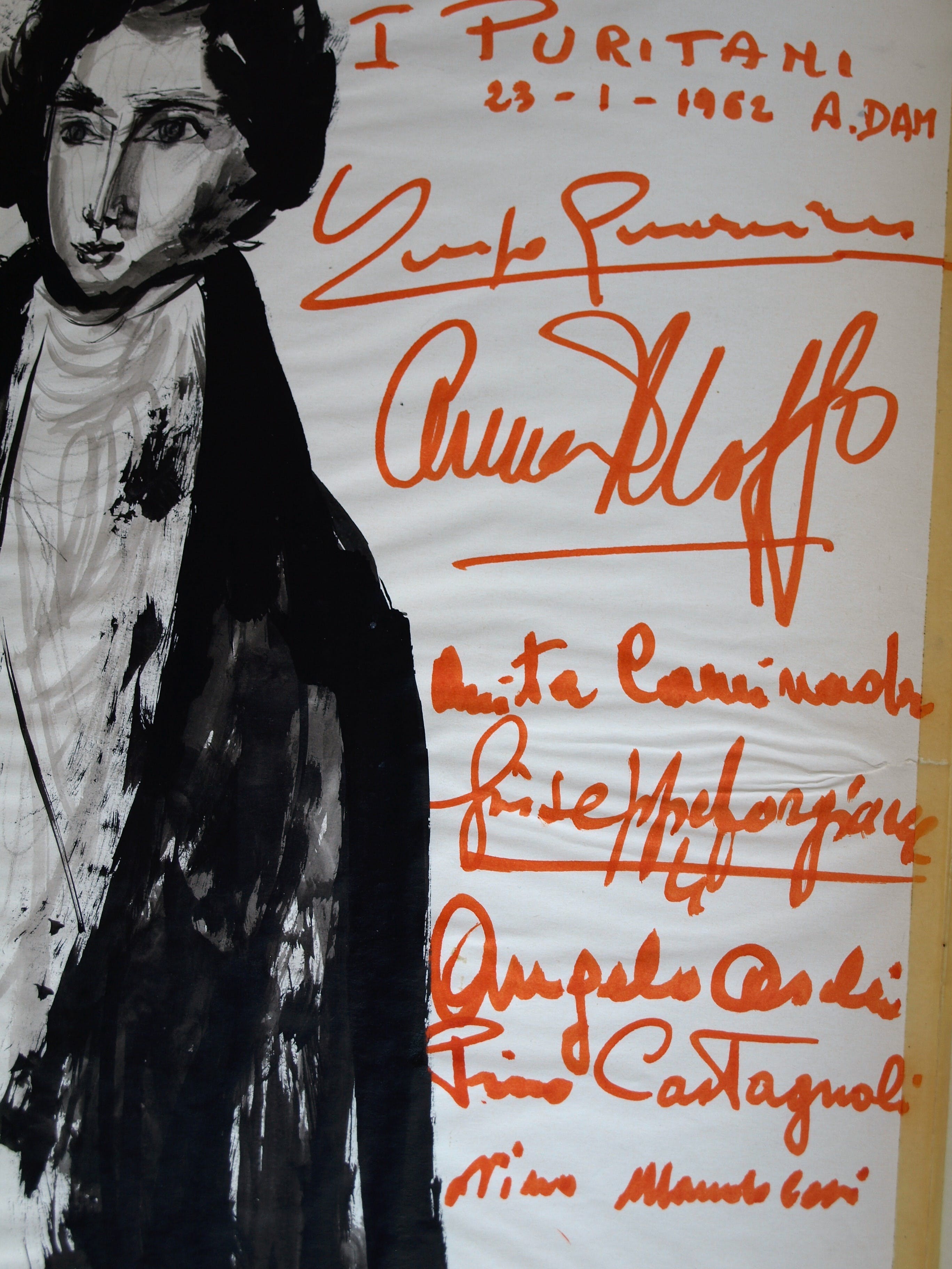 Robert Nix - Tekening + 11 handtekeningen van o.a Opera-diva Anna Moffo – I Puritani, 1962  kopen? Bied vanaf 75!