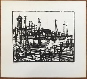Fon Klement - Houtsnede - 1959 - 'haven' - niet ingelijst kopen? Bied vanaf 45!