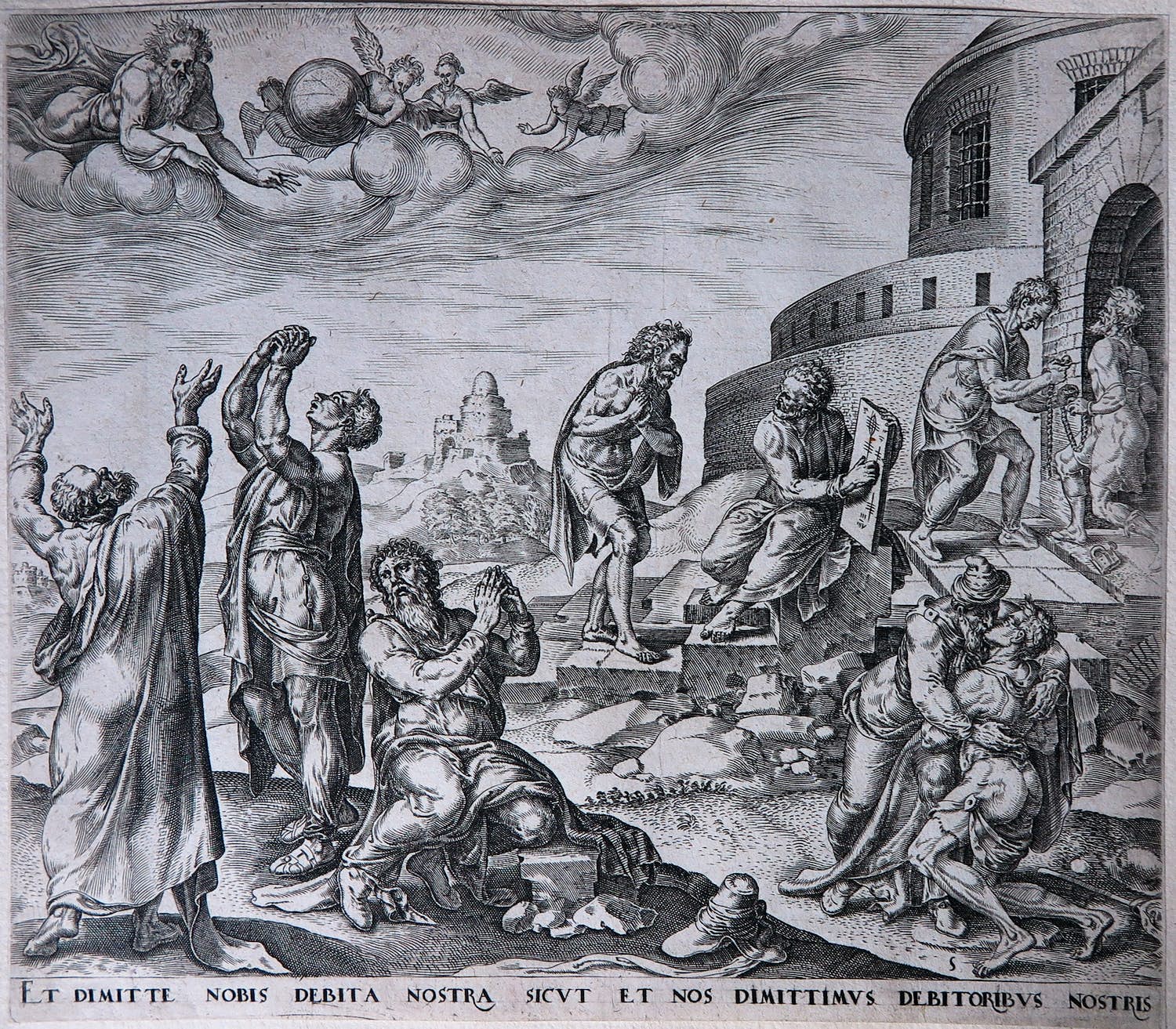 Johannes Wierix - naar Maerten van Heemskerck, Kopergravure, Vergeef ons onze schulden kopen? Bied vanaf 1!