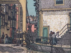 Wilm Wouters - Hollandse stad met ophaalbrug en figuren - Kleurenhoutsnede kopen? Bied vanaf 40!