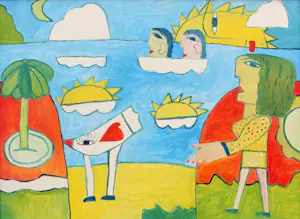 Hannes Kuiper - Ingelijste acrylverf op paneel: 'Wandeling met palm beats' kopen? Bied vanaf 199!