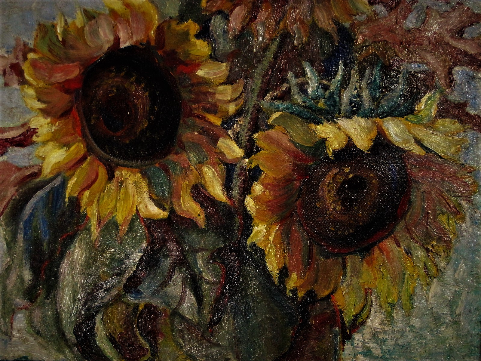 Niet of onleesbaar gesigneerd - Fraai 1948 Expressionist. olieverf "Zonnebloemen in vaas" gesigneerd kopen? Bied vanaf 1!