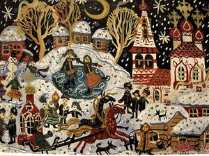 Niet of onleesbaar gesigneerd - Naief geschilderd Russisch Aquarel "Winterpret bij Moskou" kopen? Bied vanaf 1!