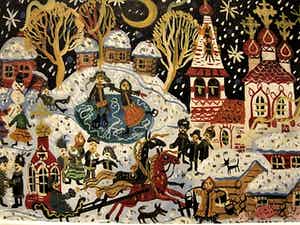 Niet of onleesbaar gesigneerd - Naief geschilderd Russisch Aquarel "Winterpret bij Moskou" verkocht voor € 1!