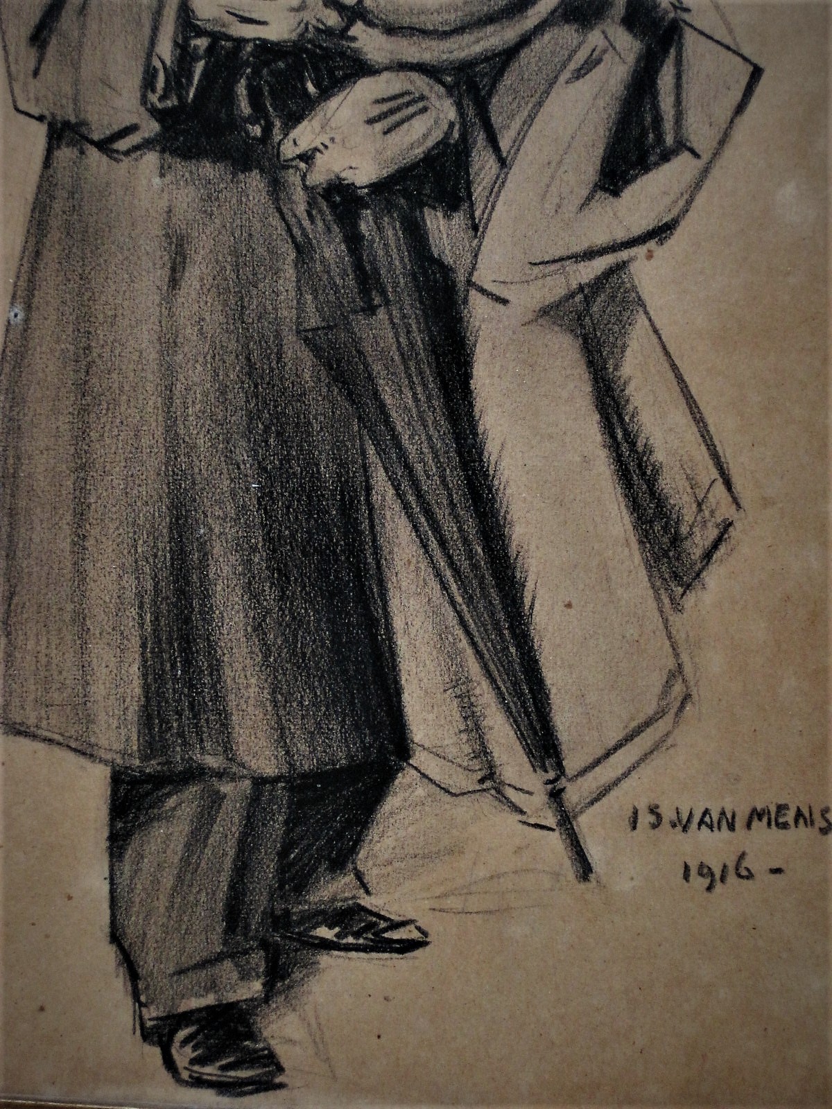 Is. van Mens - originele 1916 houtskooltekening "Vader gaat op stap" gesigneerd kopen? Bied vanaf 1!