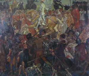 Gerard Westermann - Olieverf op doek, Jeanne d'arc met entourage - Ingelijst kopen? Bied vanaf 200!