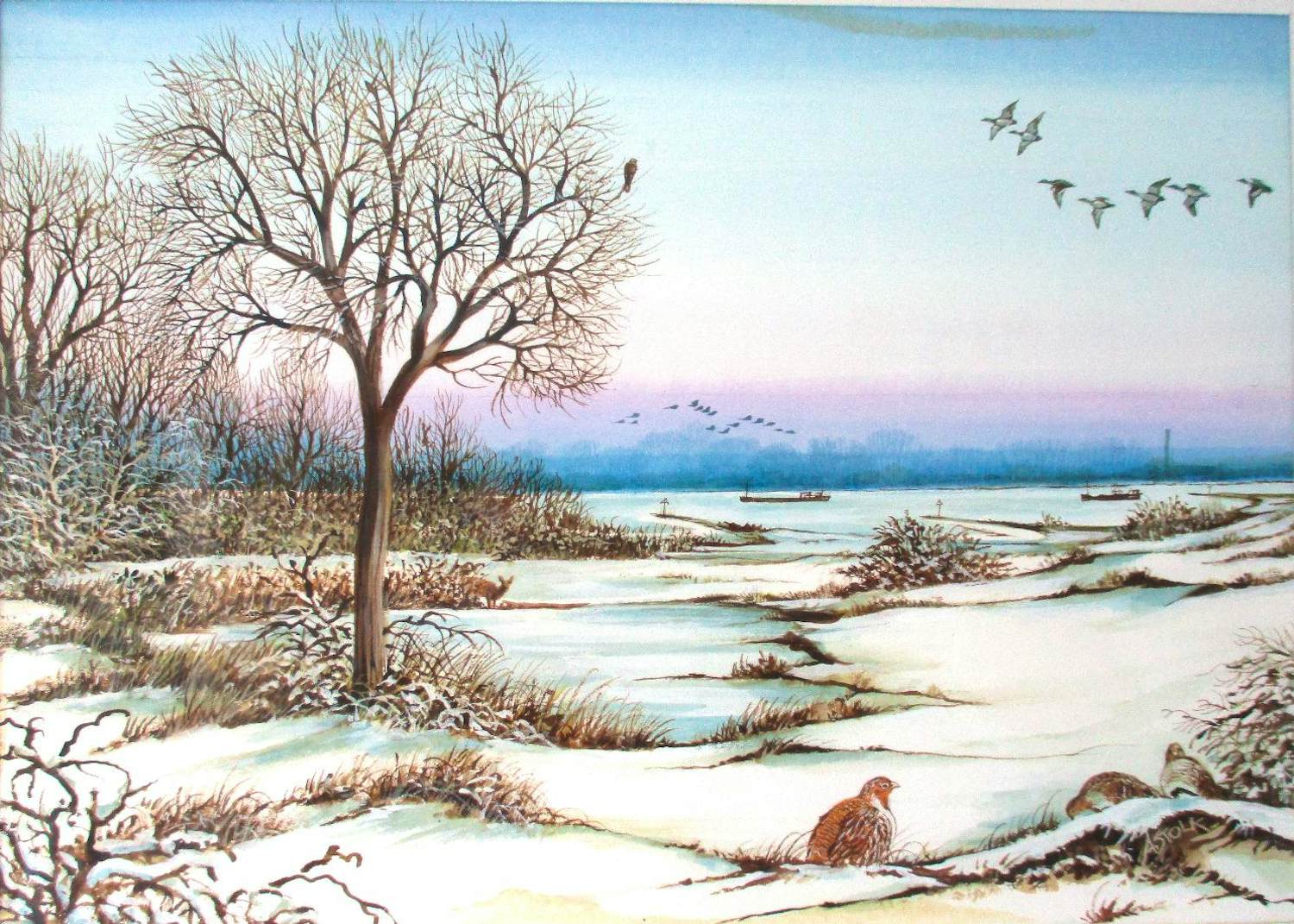 Ari Stolk - Patrijzen en eenden in winterlandschap kopen? Bied vanaf 159!