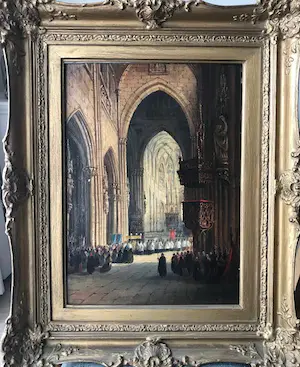 Niet of onleesbaar gesigneerd - Kerkinterieur met kerkgangers kopen? Bied vanaf 1!