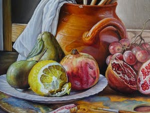 Alfonso Moreno - Stilleven schildersspullen schilderij wijn en fruit. kopen? Bied vanaf 250!