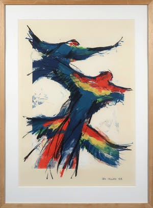 Buy Ellen Meuwese - Gemengde techniek op papier, Papegaaien in vlucht - Ingelijst? Bid from 1!