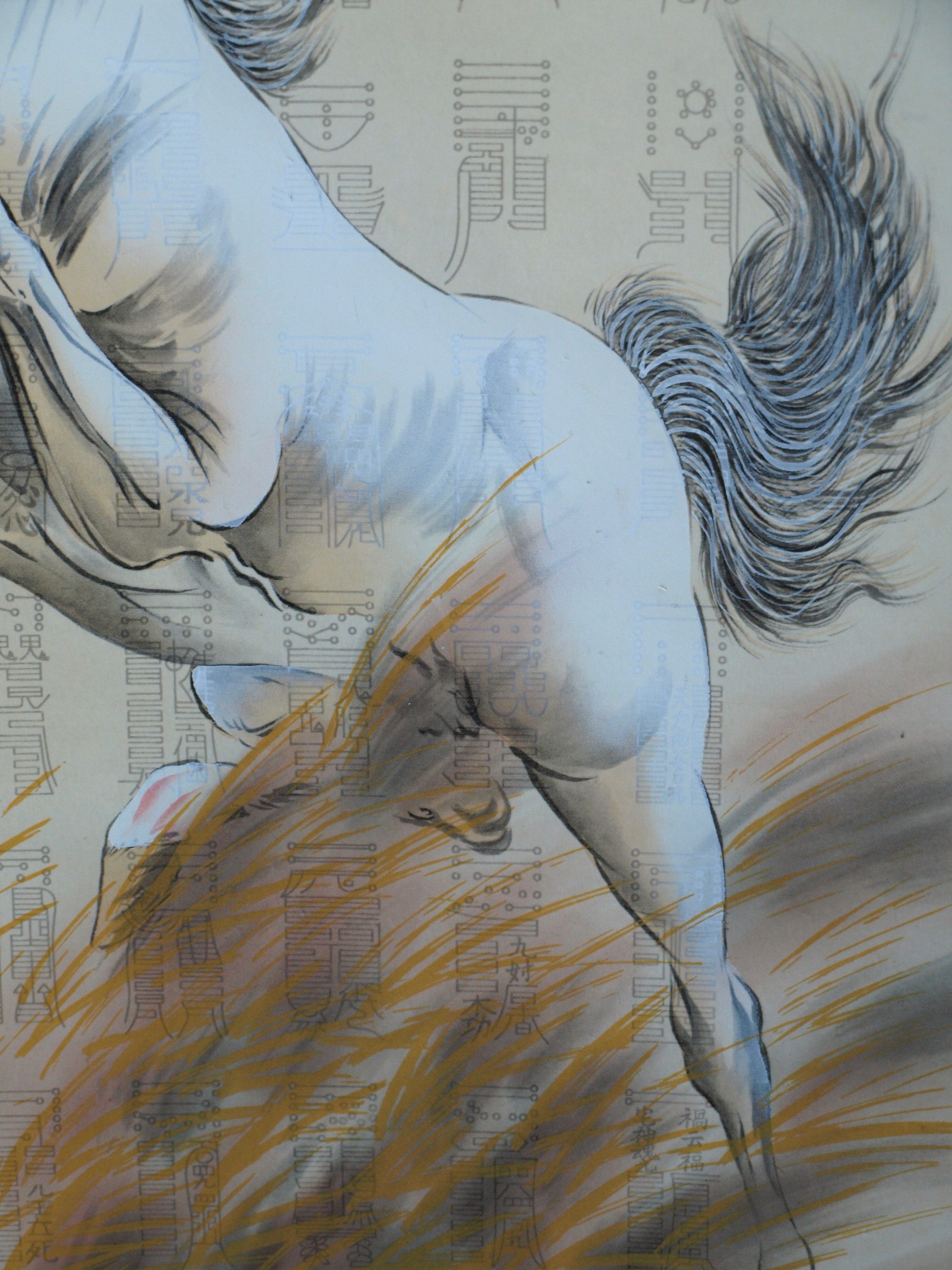 Niet of onleesbaar gesigneerd - Japanse scroll , Paard - Inkt en verf op doek, opgerold op houten stok kopen? Bied vanaf 1!