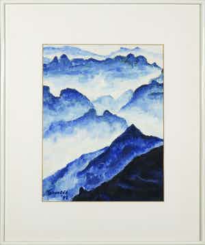 Niet of onleesbaar gesigneerd - Olieverf op papier, Blauw landschap - Ingelijst verkocht voor € 1!