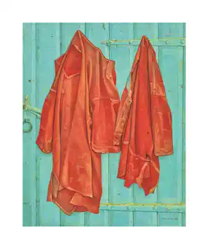 Jopie Huisman - Kleurengiclee ROODBAAIEN HEMD OP BLAUWE DEUR vendu pour 75€ !