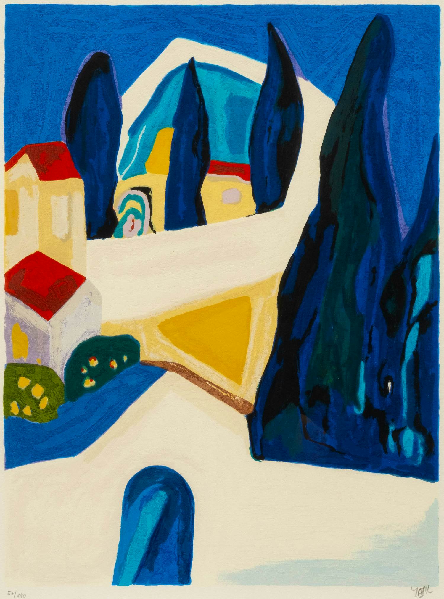 Amos Yaskil - ingelijste zeefdruk: Zuid Europees landschap kopen? Bied vanaf 100!