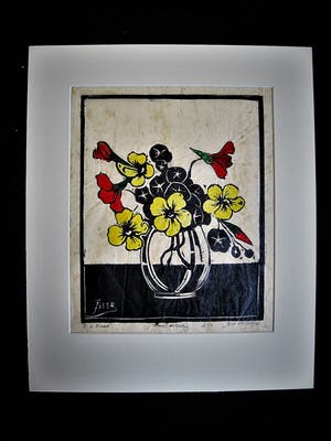 Jac. de Beer - Verstilde handingekleurde Houtsnede "bloemen in vaas" kleine oplage 3/50 kopen? Bied vanaf 20!