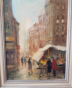 Niet of onleesbaar gesigneerd - Mooi Frans aangezicht van een markt in Parijs. Handgesigneerd. kopen? Bied vanaf 10!