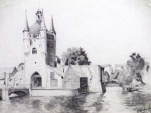 Johan Christiaan Kerkmeijer - Havenpoort in Zierikzee - Tekening verkocht voor € 45!
