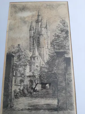 Willem Gerard Hofker - Ets, Prinsenhof en Oude Kerk te Delft kopen? Bied vanaf 45!