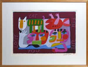Wouter Stips - Zeefdruk, I love you cat - Ingelijst verkocht voor € 50!
