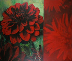 Marieke Thomassen - Acryl op doek, Rode dahlia's - Ingelijst (Zeer groot) kopen? Bied vanaf 100!