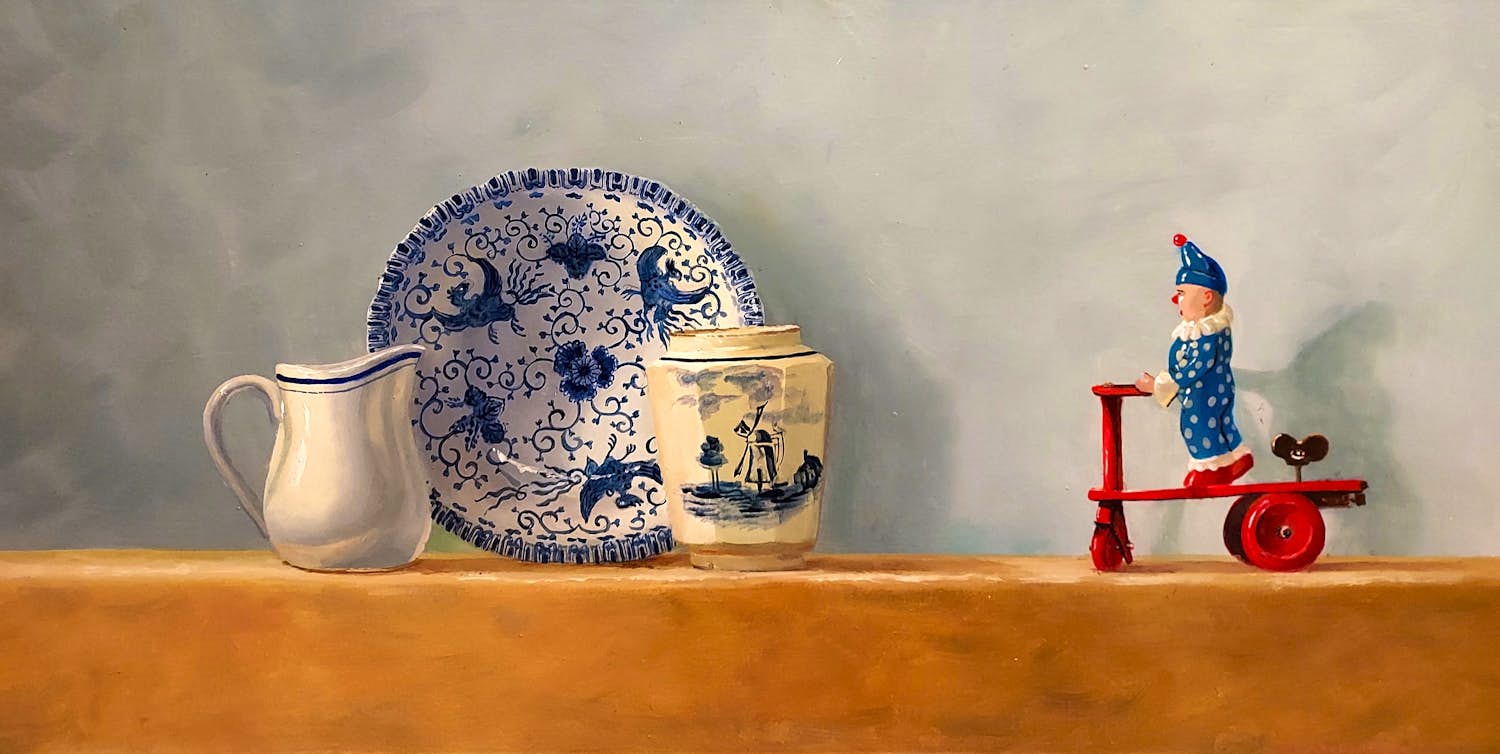 Marian van der Sanden - Stilleven met porselein en antiek opdraai poppetje kopen? Bied vanaf 325!