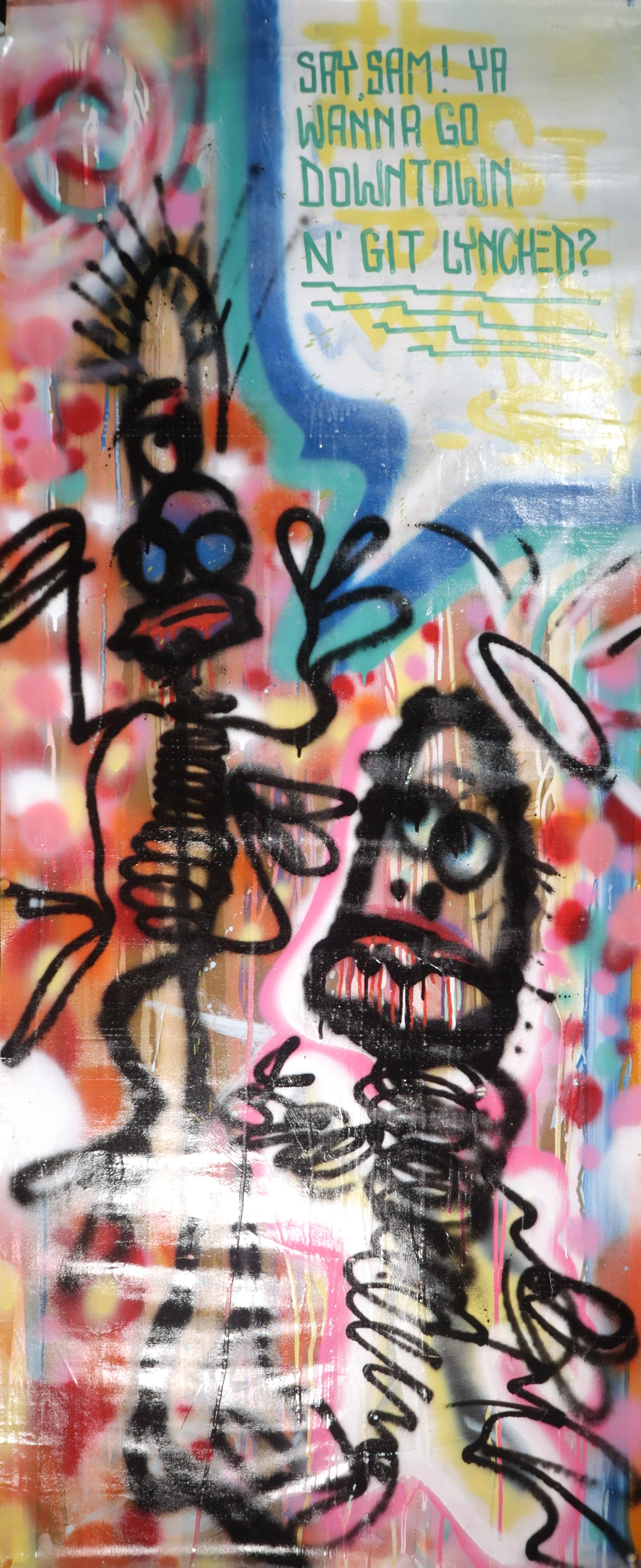 Lin Felton - Spuitbus op doek, The first to die wins verkocht voor € 400!