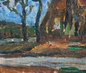 Hein van Schuppen - Boerderijen in de herfst (Veluwe/Gelderland) - expressionistisch schilderij kopen? Bied vanaf 125!