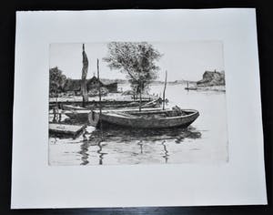 Willem Witjens - grote heldere ets - verstilde scene met vissersboten - 1929 kopen? Bied vanaf 60!