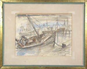 Martin Reisberg - Aquarel- en potloodtekening, Fishing boats - Ingelijst kopen? Bied vanaf 1!