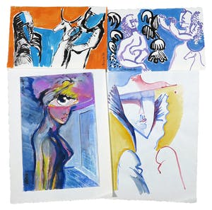 Joe Wols - Lot van vier tekeningen met gemengde techniek, Figuren kopen? Bied vanaf 1!