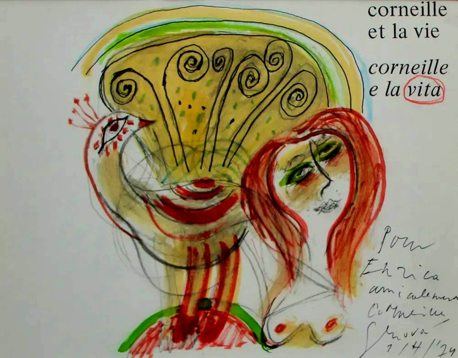 Corneille - Ingelijste gemengde techniek: et la vie, e la vita - 1974(nieuwe lijst!) kopen? Bied vanaf 1250!