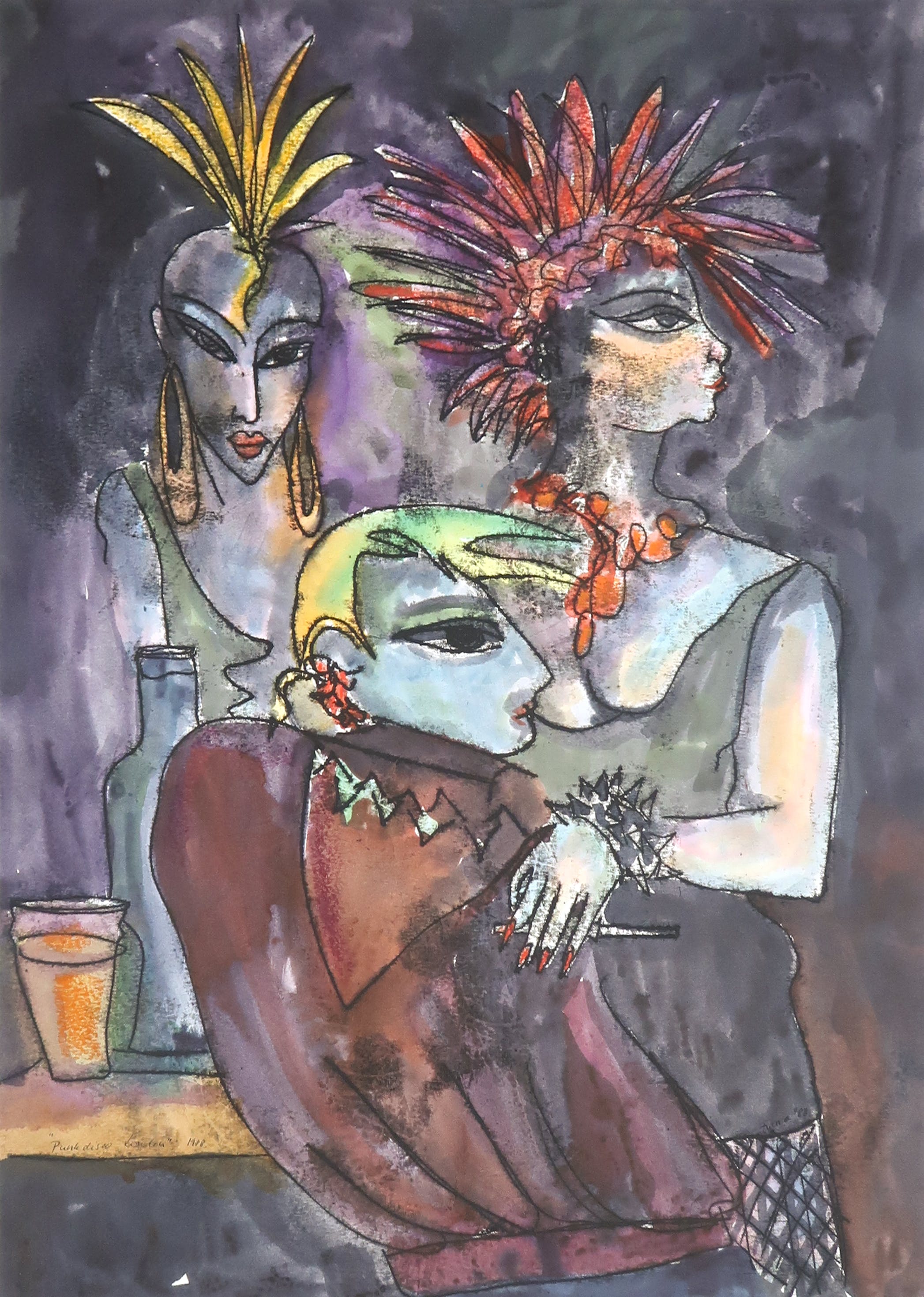 Franca Muller Jabusch - Gemengde technieken op papier, o.a. acryl en krijt, Punk disco Londen verkocht voor € 20!