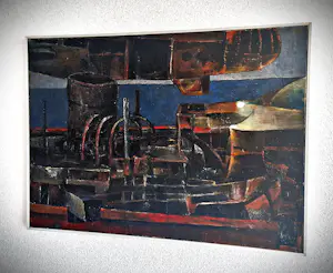 Gerard Leonard van den Eerenbeemt - Groot jaren 60 kubistisch olieverf op doek "schip en vliegtuig" gesigneerd kopen? Bied vanaf 52!