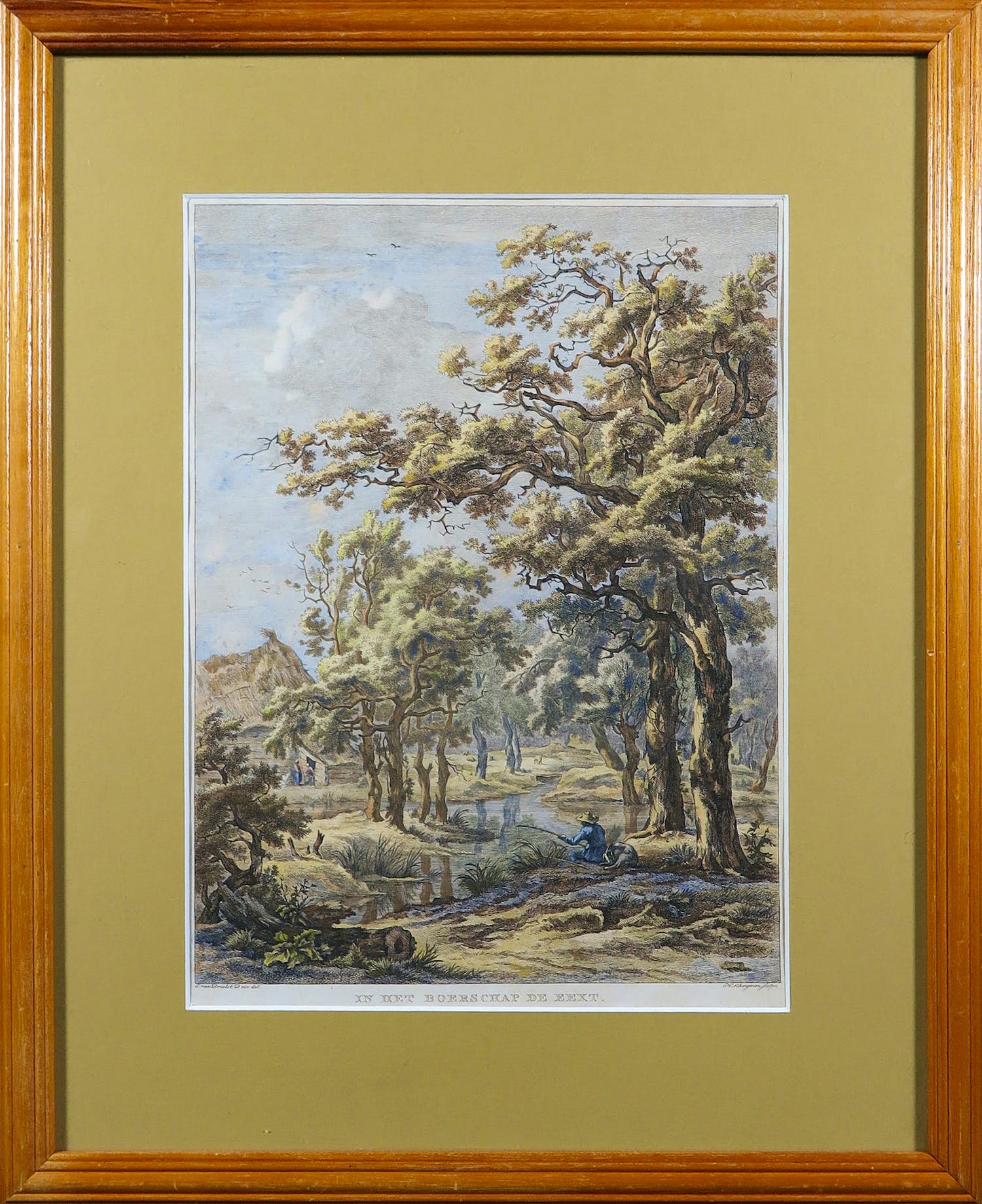 Hendrik Schwegman - Ets, Vissende man bij een beekje - Ingelijst verkocht voor € 70!