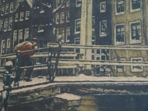 Cornelis Brandenburg - Ets, Groenburgwal Amsterdam in de winter – in originele lijst - groot kopen? Bied vanaf 100!
