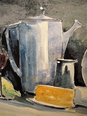 Niet of onleesbaar gesigneerd - Fraai bijna Kubistisch "Keukenstilleven met borrelglas" gesigneerd kopen? Bied vanaf 10!