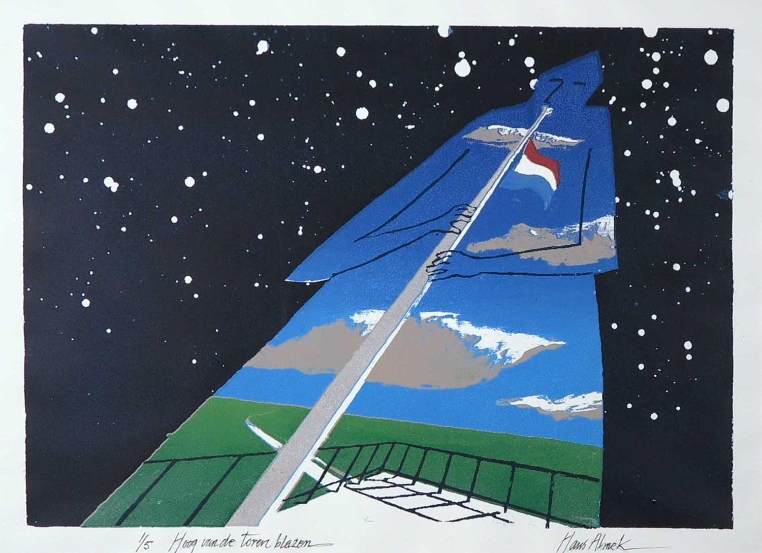 Hans Almekinders Zeefdruk, Hoog van de toren blazen Verkocht Kunstveiling.nl Hans Almekinders Zeefdruk, Hoog van de toren blazen Verkocht Kunstveiling.nl