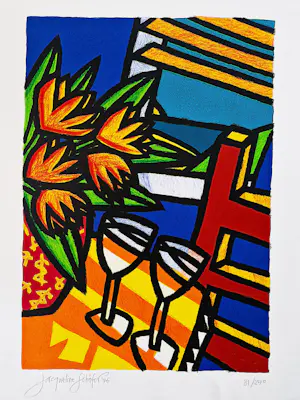Jacqueline Schäfer - mooie grote kleuren zeefdruk - tafel met glazen en plant - 1996 - gelimt. oplage kopen? Bied vanaf 38!